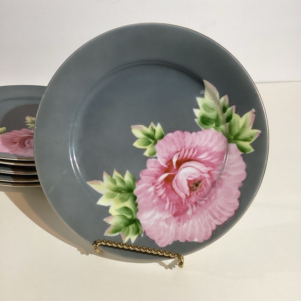 Floral Gray Dessert Plates made in Occupied China, hand painted Vintage, 1940’s